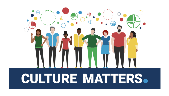 An illustrated group of diverse colleagues above the words Culture Matters